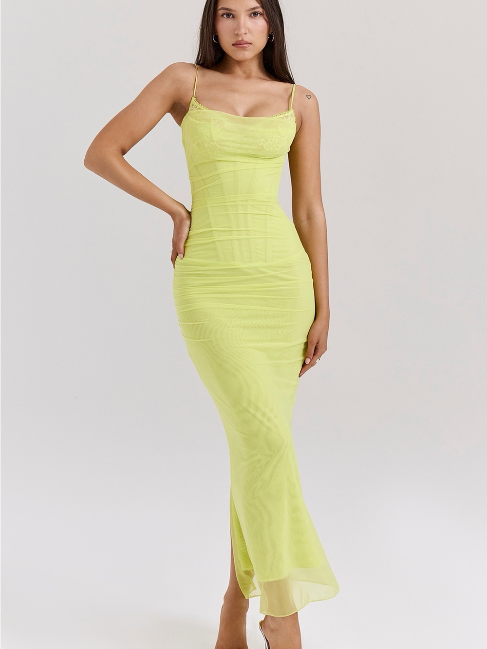 Lace-Trim Spaghetti Strap Maxi Dress in Chartreuse